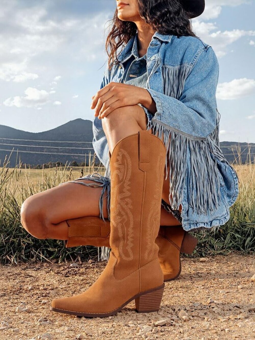 Women's Brown Knee High Boots Cowgirl Cowboy Chunky Western Side Zipper Boot - Picture 5 of 6